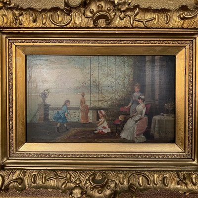 Olio su tavola, scena d'interno del XIX secolo con bambini su un balcone