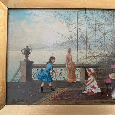 Olio su tavola, scena d'interno del XIX secolo con bambini su un balcone
