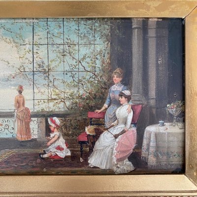 Olio su tavola, scena d'interno del XIX secolo con bambini su un balcone