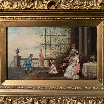 Olio su tavola, scena d'interno del XIX secolo con bambini su un balcone