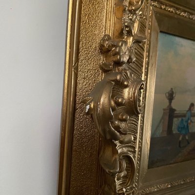 Olio su tavola, scena d'interno del XIX secolo con bambini su un balcone
