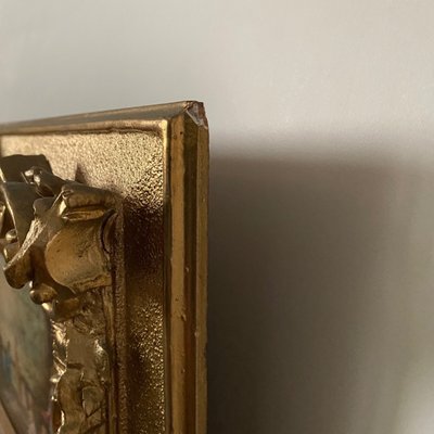 Olio su tavola, scena d'interno del XIX secolo con bambini su un balcone