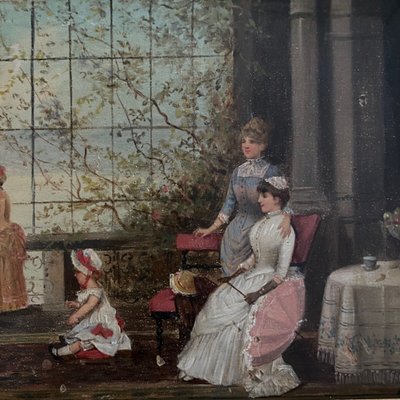 Olio su tavola, scena d'interno del XIX secolo con bambini su un balcone