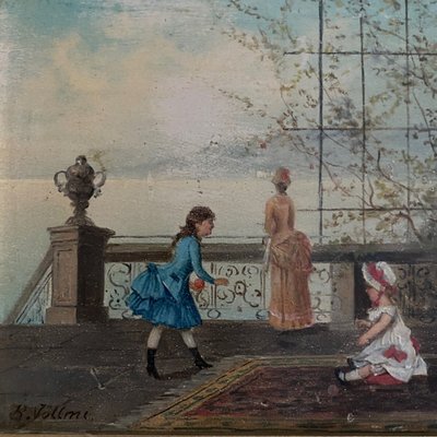 Olio su tavola, scena d'interno del XIX secolo con bambini su un balcone