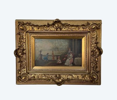 Olio su tavola, scena d'interno del XIX secolo con bambini su un balcone