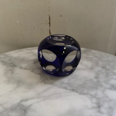 Presse-papier sulfure en cristal bleu et blanc pans coupés