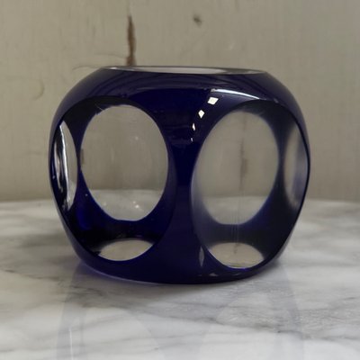 Presse-papier sulfure en cristal bleu et blanc pans coupés
