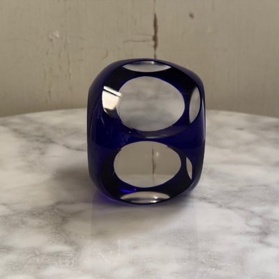 Presse-papier sulfure en cristal bleu et blanc pans coupés