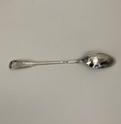18th century stew spoon with coat of arms and Farmers General hallmarks, 207 grams