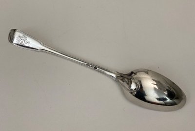 18th century stew spoon with coat of arms and Farmers General hallmarks, 207 grams