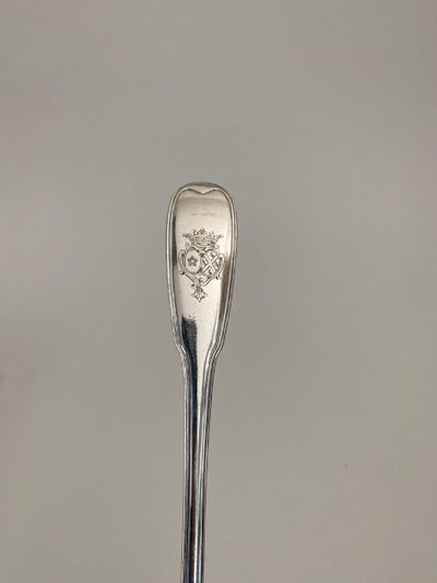 18th century stew spoon with coat of arms and Farmers General hallmarks, 207 grams