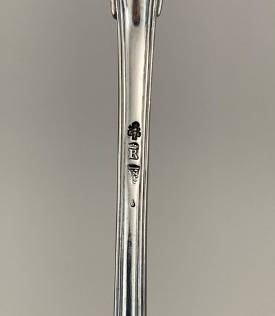 18th century stew spoon with coat of arms and Farmers General hallmarks, 207 grams
