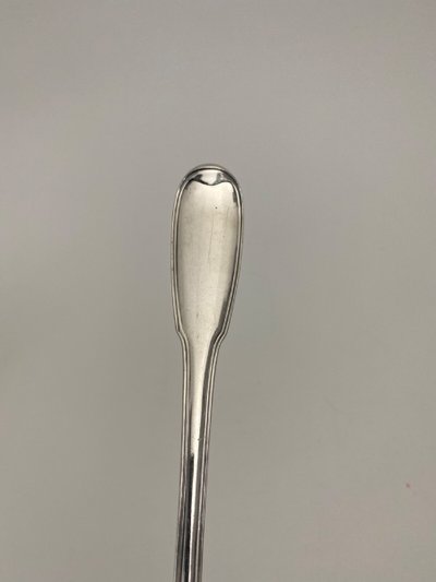 18th century stew spoon with coat of arms and Farmers General hallmarks, 207 grams