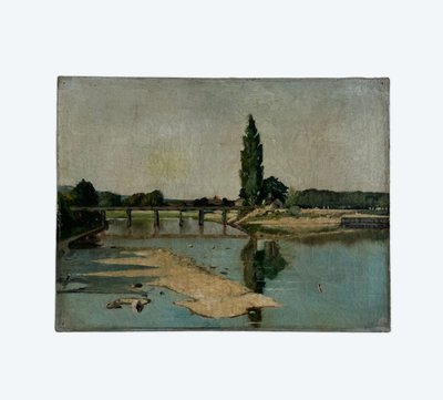 Oil on canvas depicting a river with a bridge, early 20th century