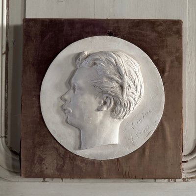 Plaster bas-relief of a man with a mustache from the 19th century, velvet frame