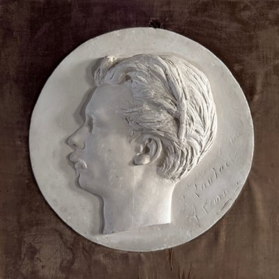 Plaster bas-relief of a man with a mustache from the 19th century, velvet frame