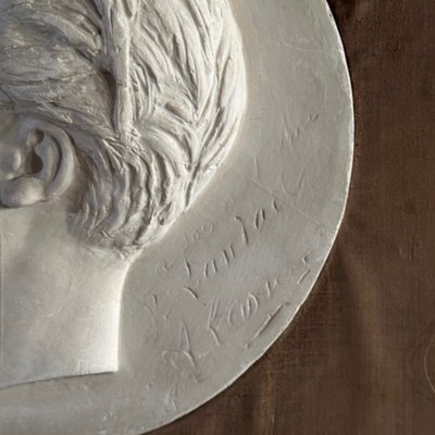 Plaster bas-relief of a man with a mustache from the 19th century, velvet frame