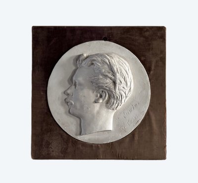 Plaster bas-relief of a man with a mustache from the 19th century, velvet frame
