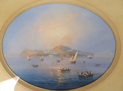 Coppia di gouaches napoletane paesaggi baia di Napoli Vesuvio pescatori Italia XIX secolo