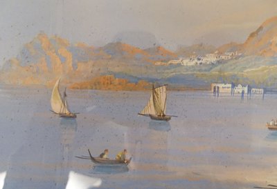 Coppia di gouaches napoletane paesaggi baia di Napoli Vesuvio pescatori Italia XIX secolo