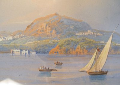 Coppia di gouaches napoletane paesaggi baia di Napoli Vesuvio pescatori Italia XIX secolo