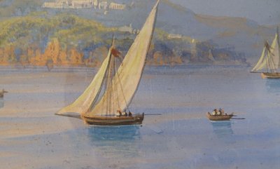 Coppia di gouaches napoletane paesaggi baia di Napoli Vesuvio pescatori Italia XIX secolo