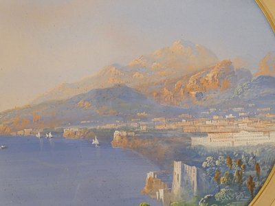 Coppia di gouaches napoletane paesaggi baia di Napoli Vesuvio pescatori Italia XIX secolo