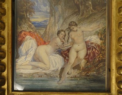 Paar Aquarelle Emile Lessore nackte Frauen badende Najaden Sèvres XIX.