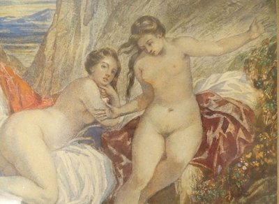 Paar Aquarelle Emile Lessore nackte Frauen badende Najaden Sèvres XIX.