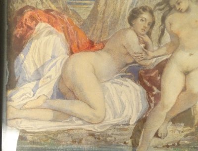 Paar Aquarelle Emile Lessore nackte Frauen badende Najaden Sèvres XIX.