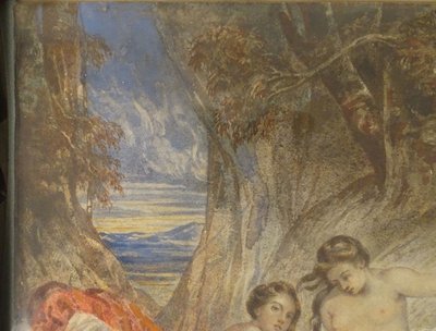 Paar Aquarelle Emile Lessore nackte Frauen badende Najaden Sèvres XIX.