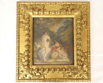 Paar Aquarelle Emile Lessore nackte Frauen badende Najaden Sèvres XIX.