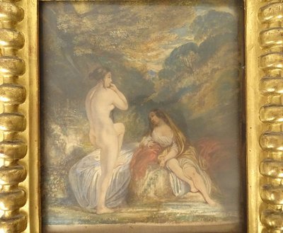 Paar Aquarelle Emile Lessore nackte Frauen badende Najaden Sèvres XIX.