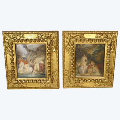 Paar Aquarelle Emile Lessore nackte Frauen badende Najaden Sèvres XIX.