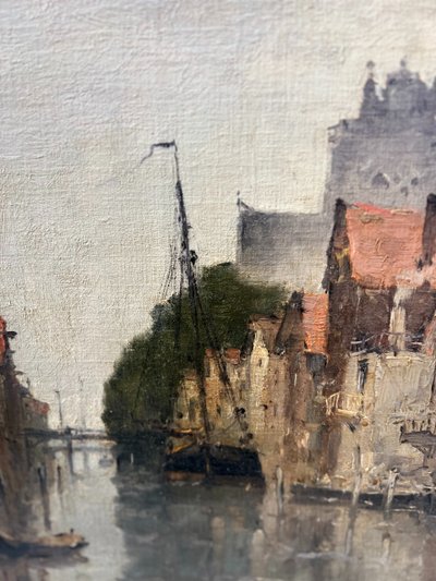 Oil on canvas "Vue de la ville sur le canal" by Franck BOGGS XIX century