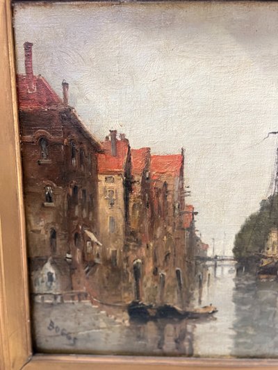 Oil on canvas "Vue de la ville sur le canal" by Franck BOGGS XIX century