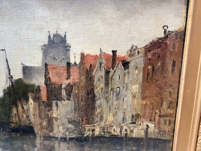 Oil on canvas "Vue de la ville sur le canal" by Franck BOGGS XIX century