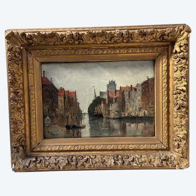 Oil on canvas "Vue de la ville sur le canal" by Franck BOGGS XIX century