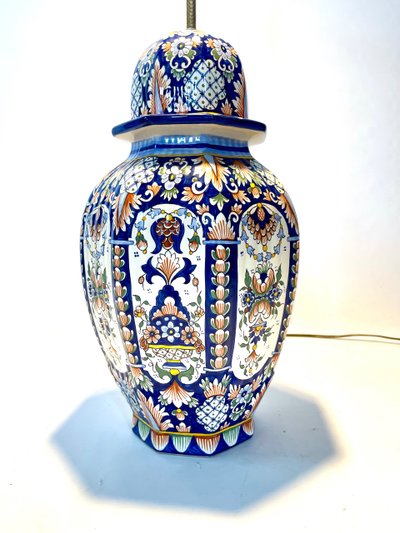 Large Rouen earthenware lamp - Hand-painted - Height 83 cm