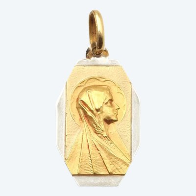 Pendentif Art Deco Vierge Marie en or 18 karats et platine, médaille religieuse, medaille Art deco
