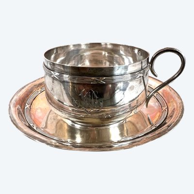 Tazza e piattino in argento massiccio - Maison Boulenger - Monogramma - Punzone Minerve - Fine XIX sec.