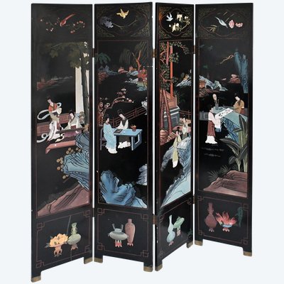 Paravento a quattro ante in legno laccato con decori Coromandel