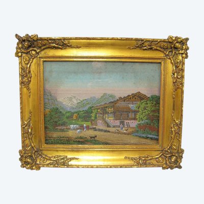 Tableau En Broderie En Perles De Verre XIXe.