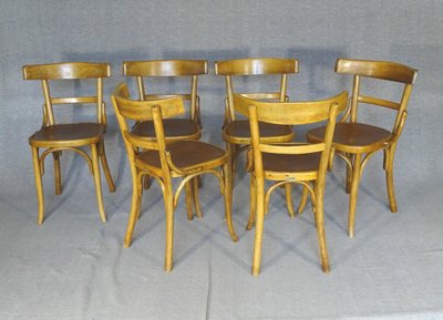Set von 6 Bistrostühlen FISCHEL Frankreich 1932- Seltene Holzsitze- No Thonet, No Baumann