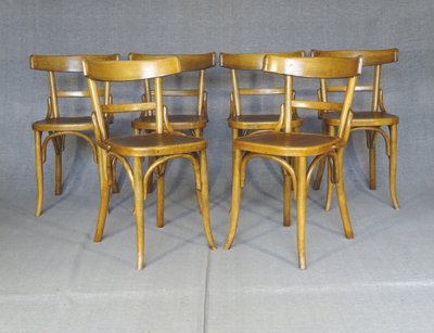 Set von 6 Bistrostühlen FISCHEL Frankreich 1932- Seltene Holzsitze- No Thonet, No Baumann