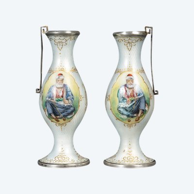 A pair of enamel miniature vases, late 19th century
