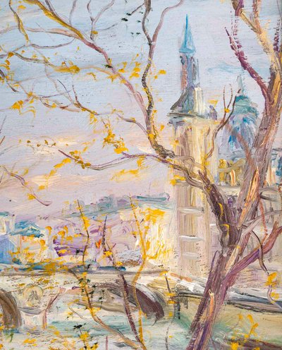 Serge Belloni (1925-2005) - Il Palazzo di Giustizia e i Bouquinistes olio su tavola 1990 ca.