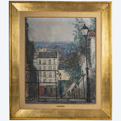 Serge Belloni (1925-2005), The Staircase on the Rue du Calvaire in Montmartre, Oil on canvas, Circa 