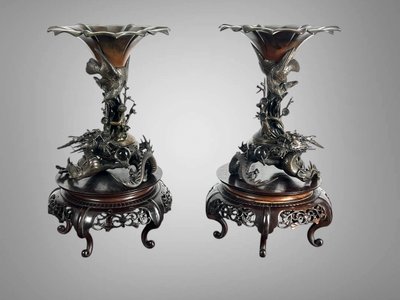 TAKAHASHI RYOUN, JAPANESE BRONZE VASES WITH DRAGONS AND BIRDS, MEIJI PERIOD