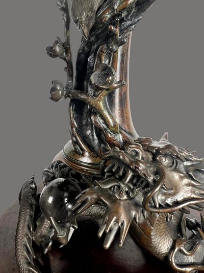 TAKAHASHI RYOUN, JAPANESE BRONZE VASES WITH DRAGONS AND BIRDS, MEIJI PERIOD